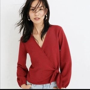 Madewell Smocked-sleeve wrap top in red color.  In like new condition.